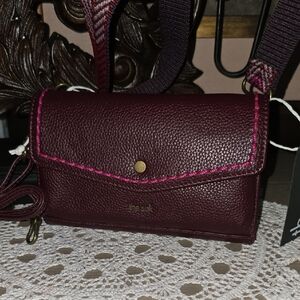 The Sak Burgundy Crossbody Wallet with Pink Stitching